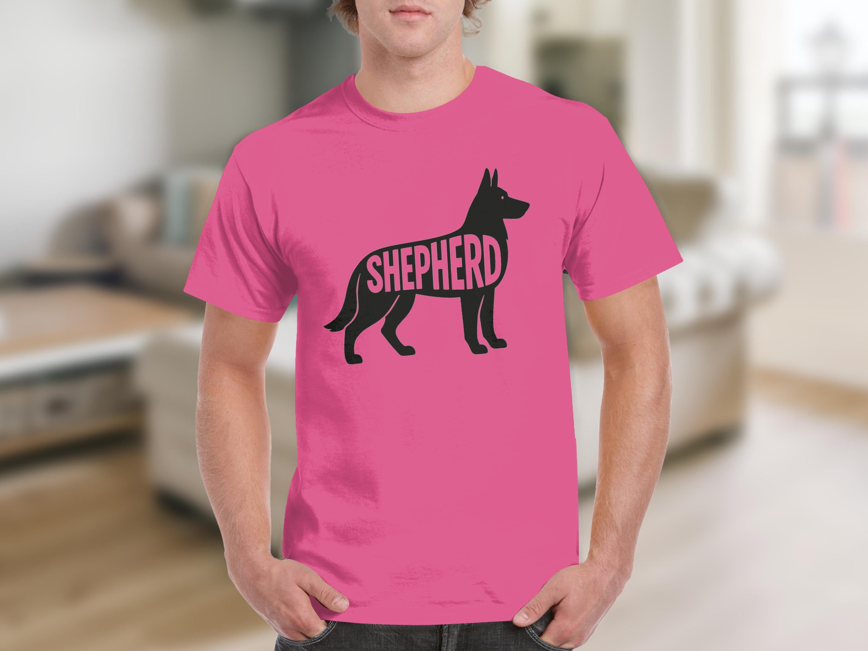 Pink t-shirt with black silhouette of a German Shepherd dog filled with the word Shepherd.