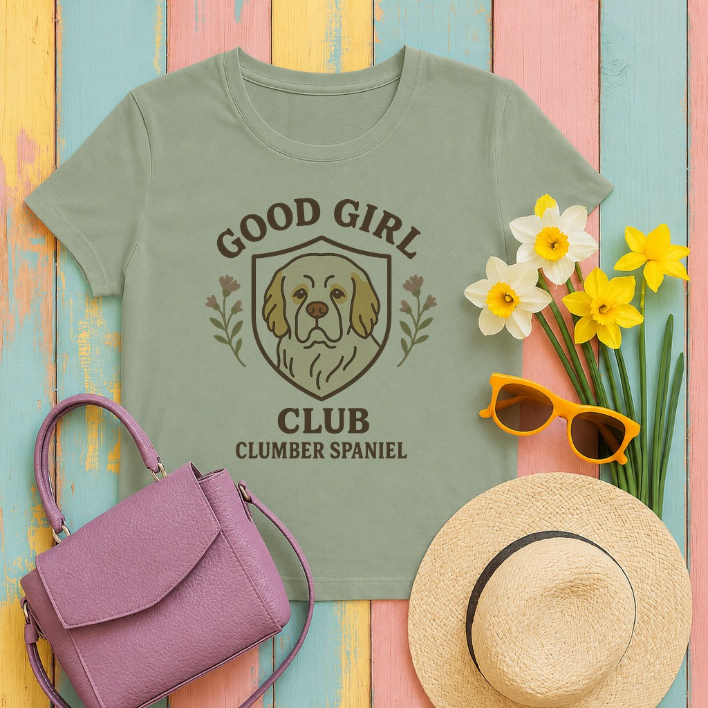 clumber spaniel good-girl-club tee flat lay hero