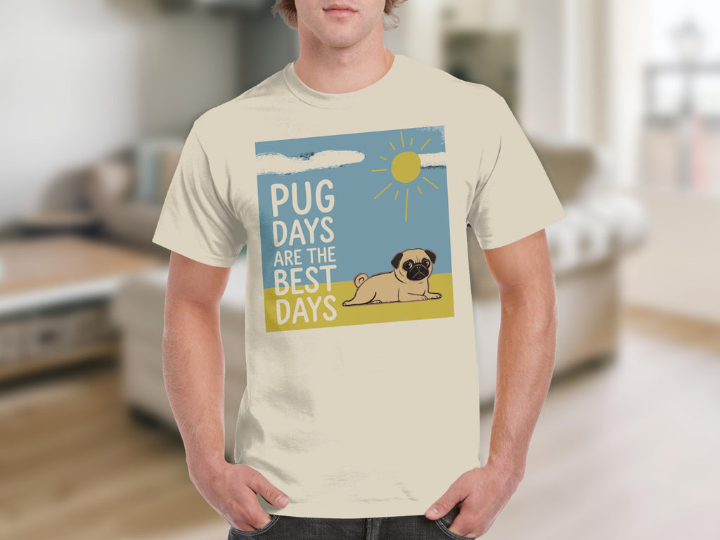 Cream t-shirt with pug sun graphic and "Pug days are the best days" text.