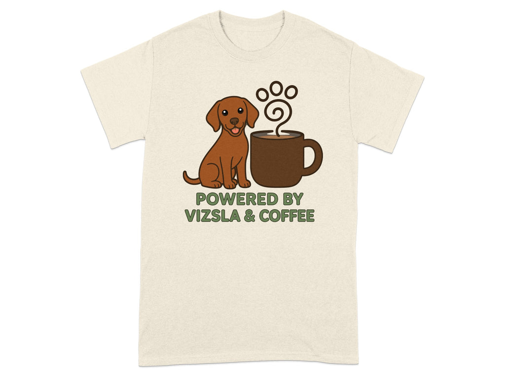 Brown dog sitting next to a coffee cup with text "POWERED BY VIZSLA & COFFEE".