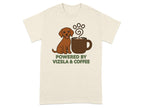 Brown dog sitting next to a coffee cup with text "POWERED BY VIZSLA & COFFEE".
