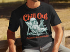 Black t-shirt with a relaxed poodle wearing sunglasses and holding a drink.