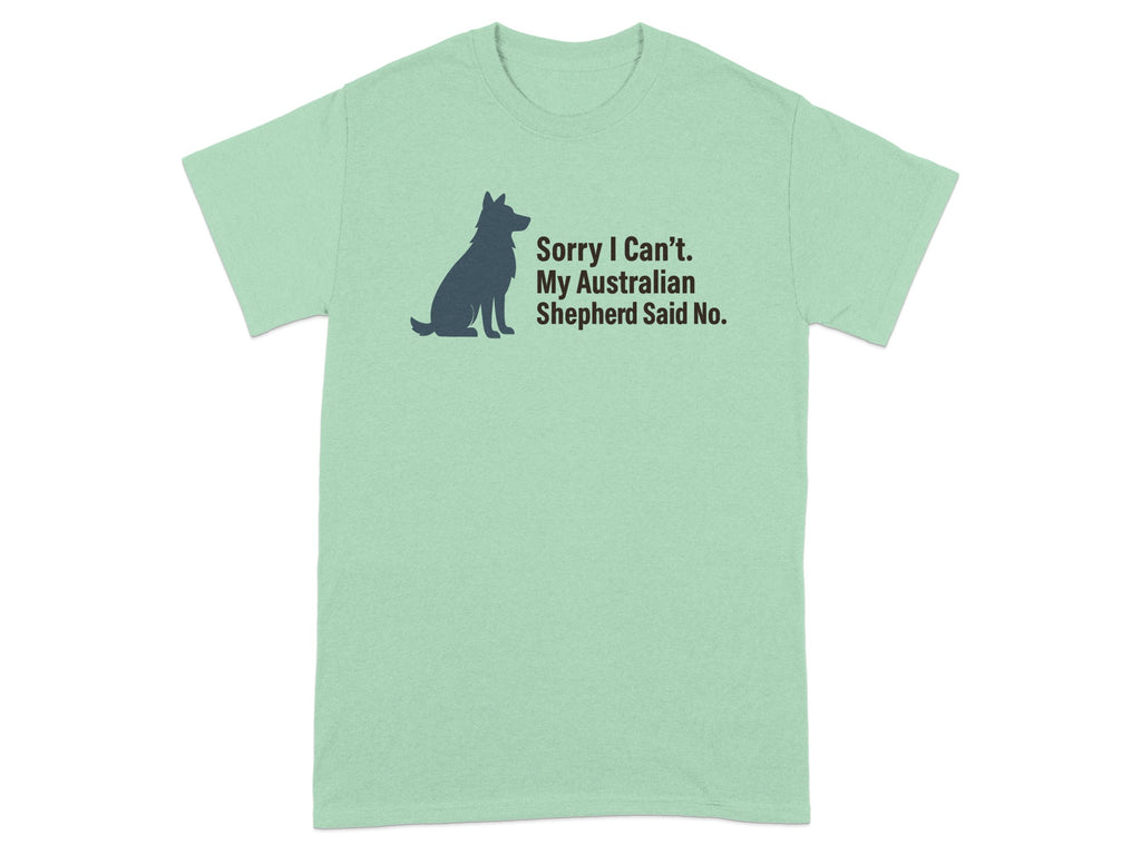 Mint green t-shirt with black Australian Shepherd silhouette and text.