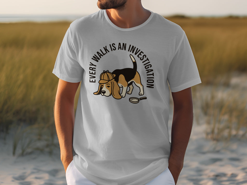 Gray t-shirt with beagle detective graphic and text "Every Walk is an Investigation".