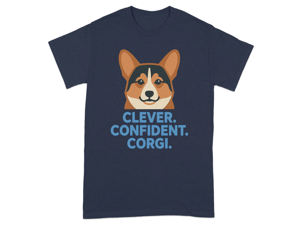 Navy t-shirt with "Clever. Confident. Corgi." text and a corgi graphic.