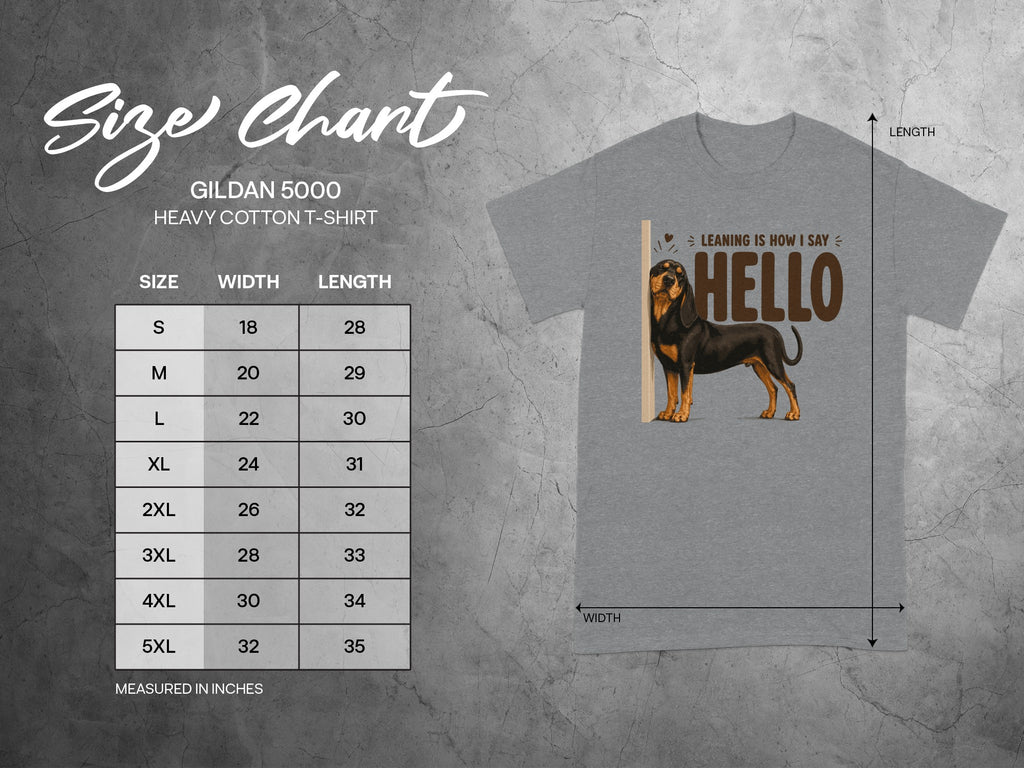 Gildan 5000 t-shirt size chart with dog saying "Hello".