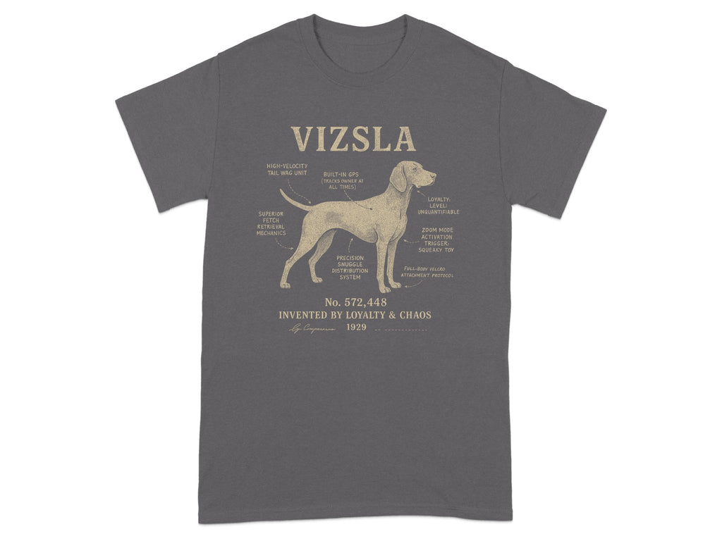 Vizsla diagram with humorous labels for breed traits, invented by Loyalty & Chaos.