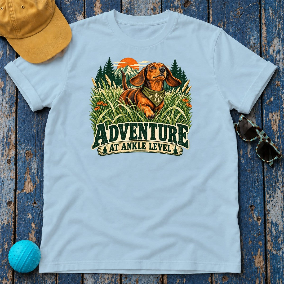 Adventure at Ankle Level Dachshund T-Shirt in Light Blue - flat lay