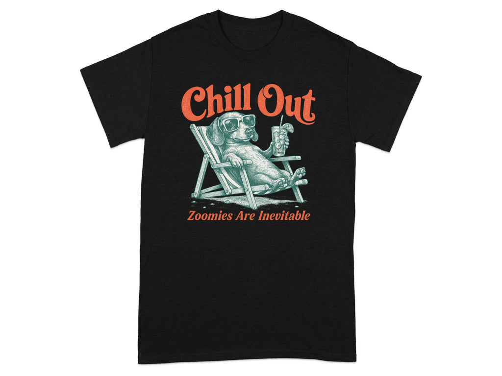 Black t-shirt with a cartoon dog in a lounge chair wearing sunglasses and holding a drink. Text reads "Chill Out".