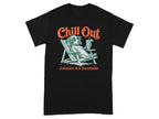 Black t-shirt with a cartoon dog in a lounge chair wearing sunglasses and holding a drink. Text reads "Chill Out".