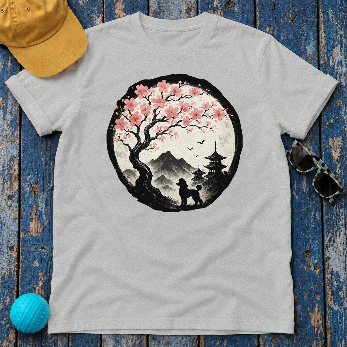 Asian Landscape With Poodle Silhouette T-Shirt in Sport Grey