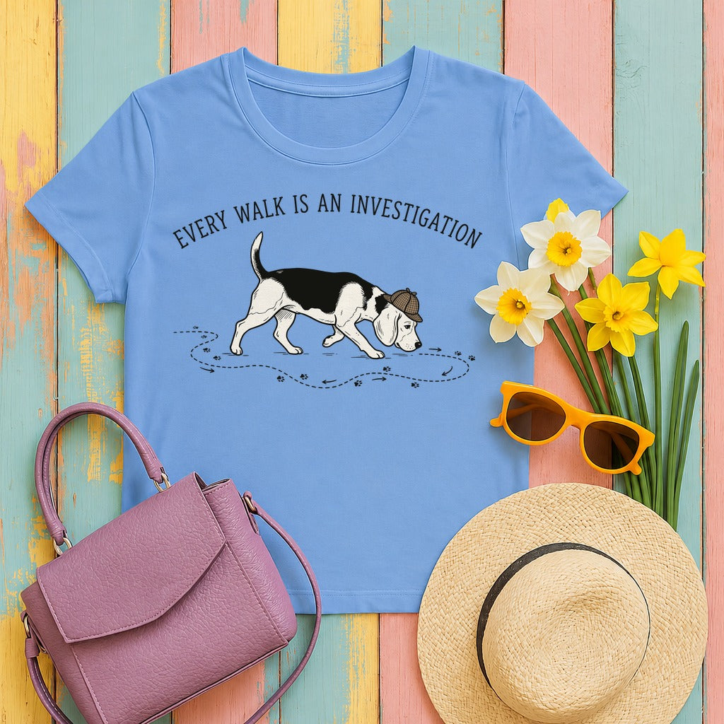 Every Walk Is An Investigation Beagle Sniff T-Shirt in Carolina Blue