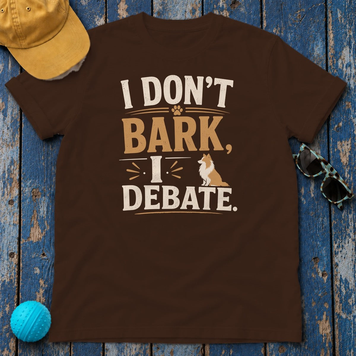 Witty Canine Debater Sheltie T-Shirt in Dark Chocolate