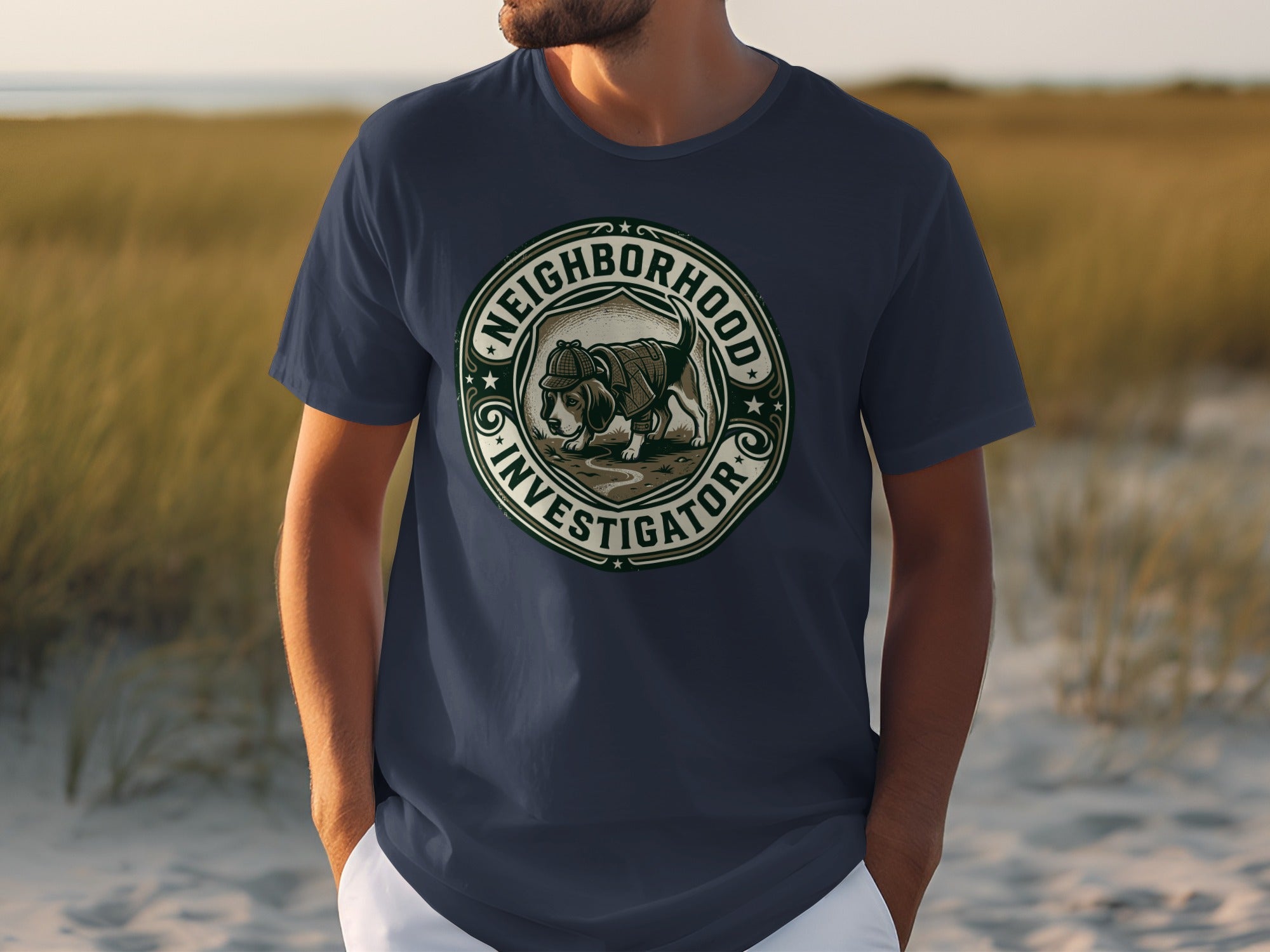 Dark blue t-shirt with "Neighborhood Investigator" badge featuring a dog.