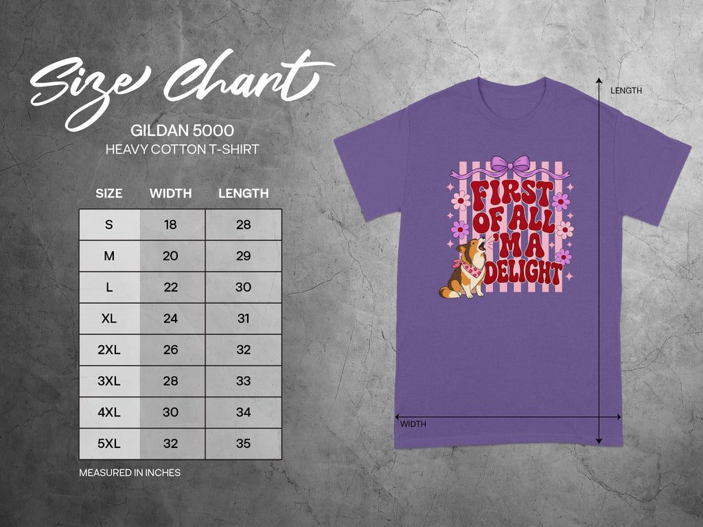 Gildan 5000 Heavy Cotton T-Shirt size chart with dimensions and a purple tee graphic.