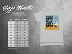 Gildan 5000 heavy cotton t-shirt size chart with shirt graphic.