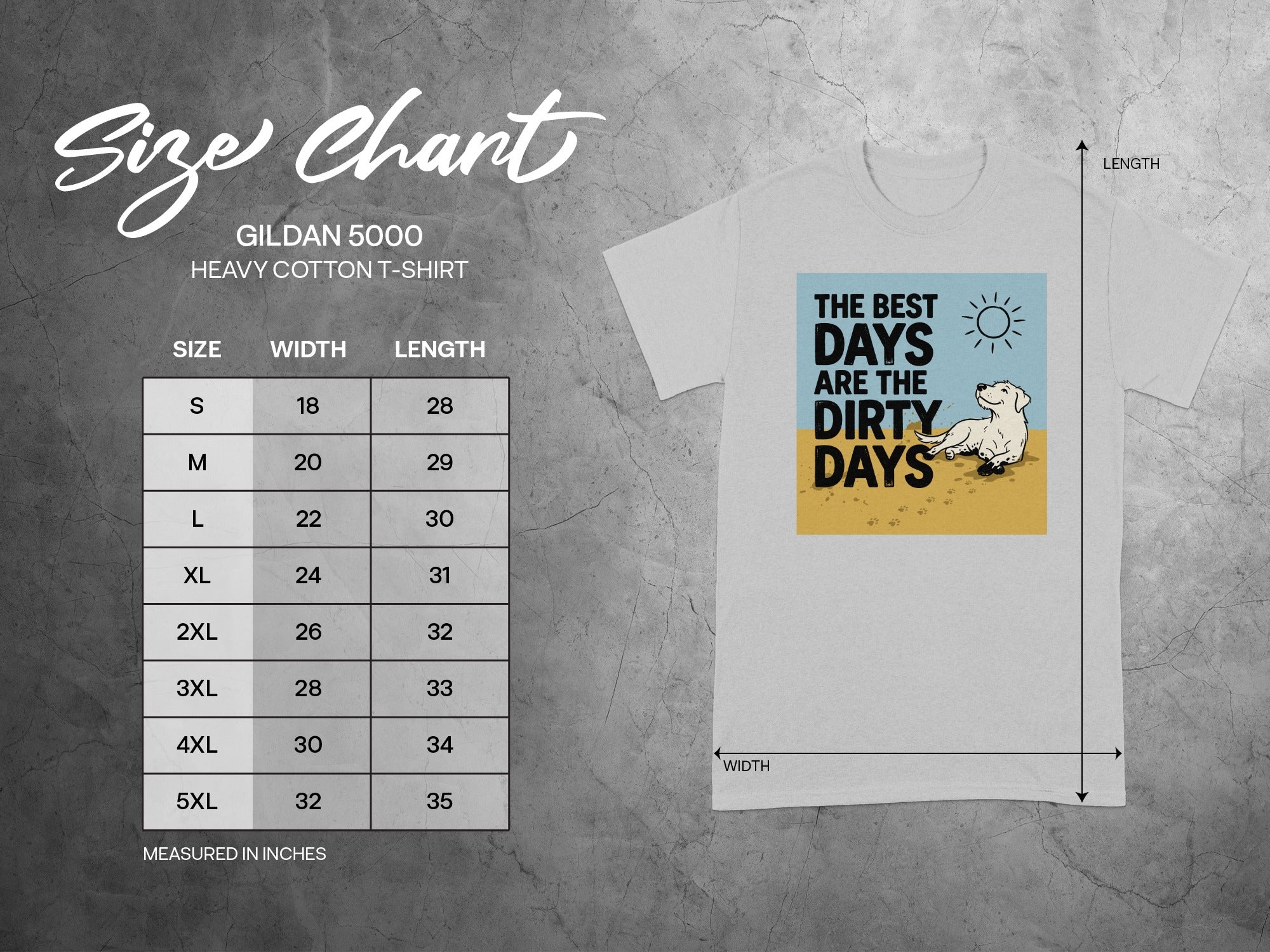 Gildan 5000 heavy cotton t-shirt size chart with shirt graphic.