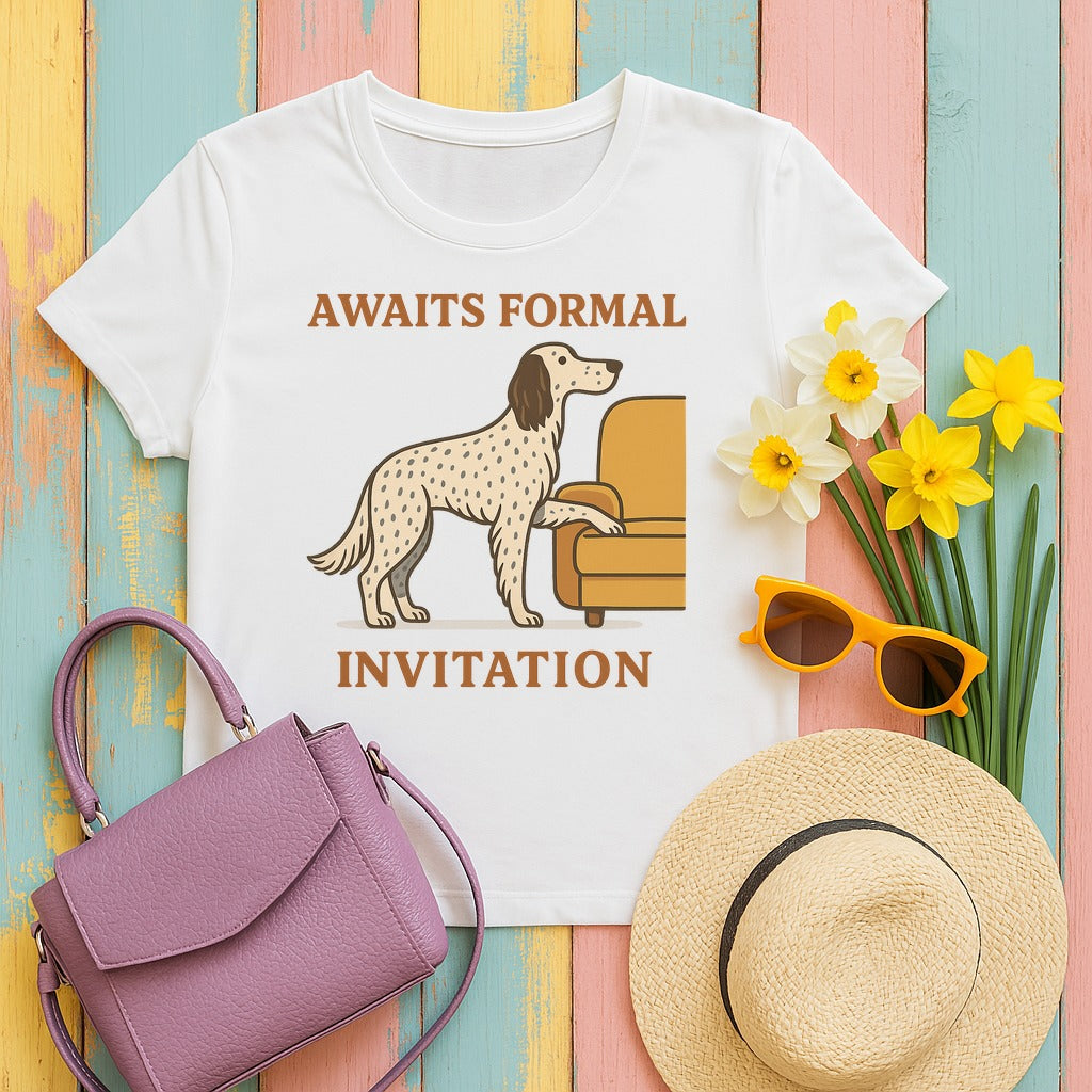 English Setter Awaits Formal Invitation Tee in White