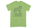 Light green t-shirt with line drawing of an Australian Shepherd and text.