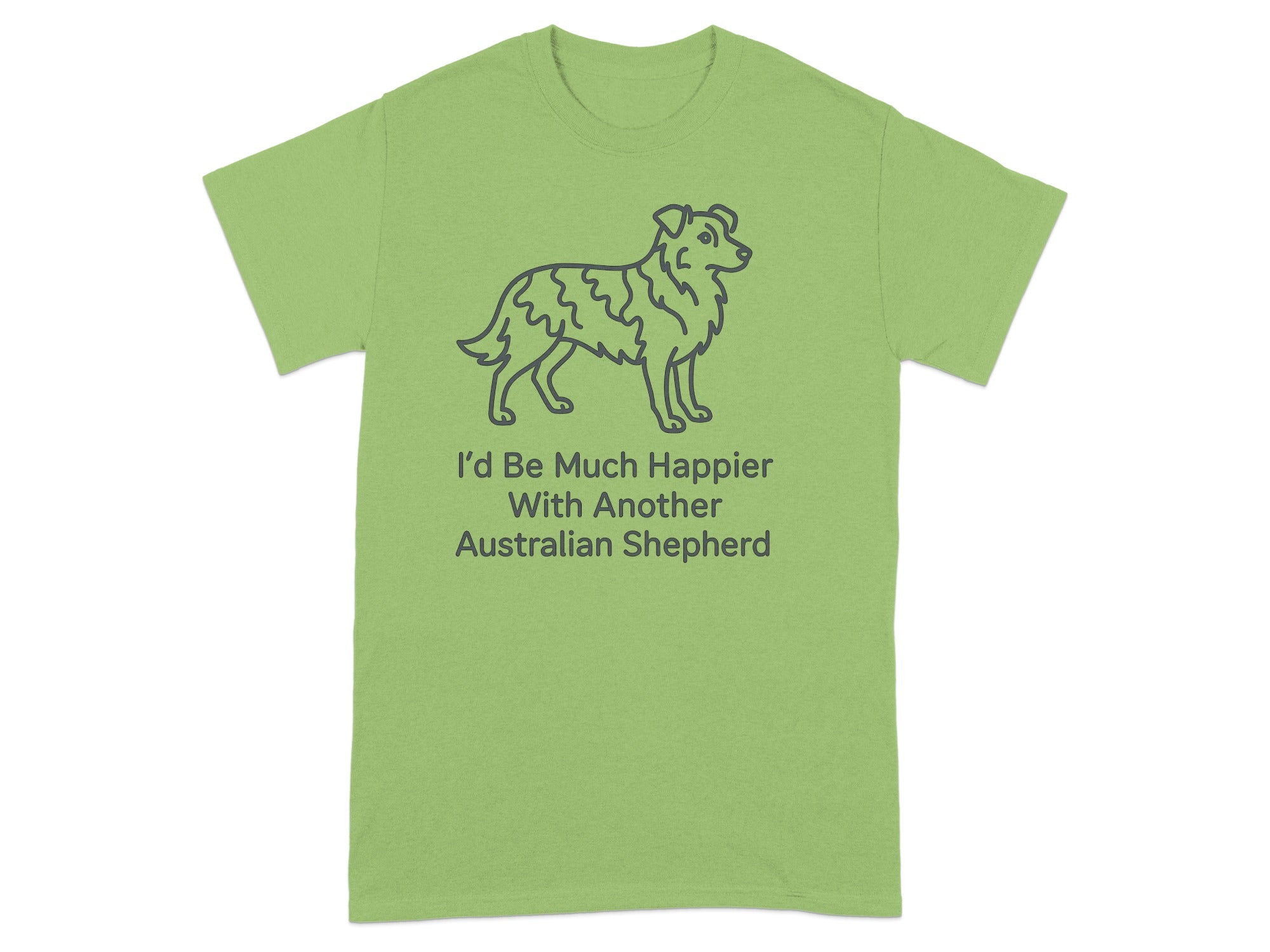 Light green t-shirt with line drawing of an Australian Shepherd and text.