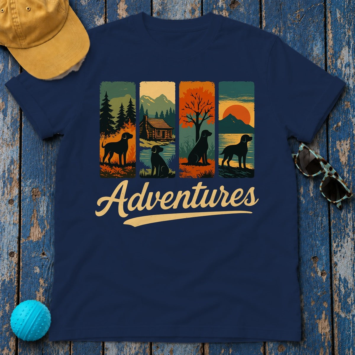 Adventurous Black Labrador in Nature T-Shirt in Navy