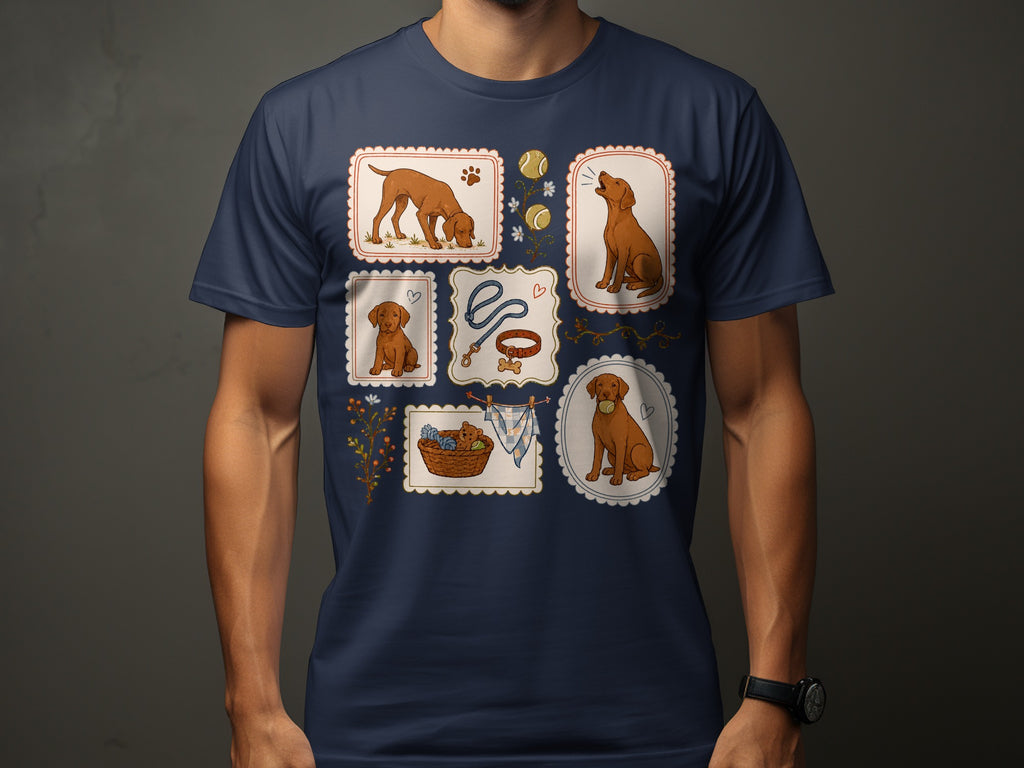 T-shirt with illustrated frames of dogs and dog accessories.