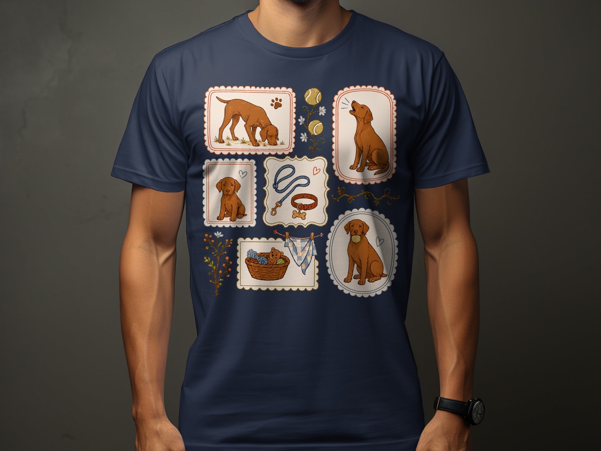 T-shirt with illustrated frames of dogs and dog accessories.