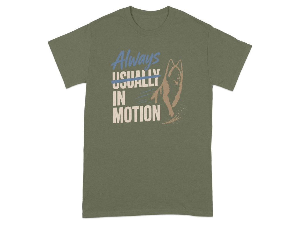Green t-shirt with "Always USUALLY IN MOTION" text and dog running graphic.