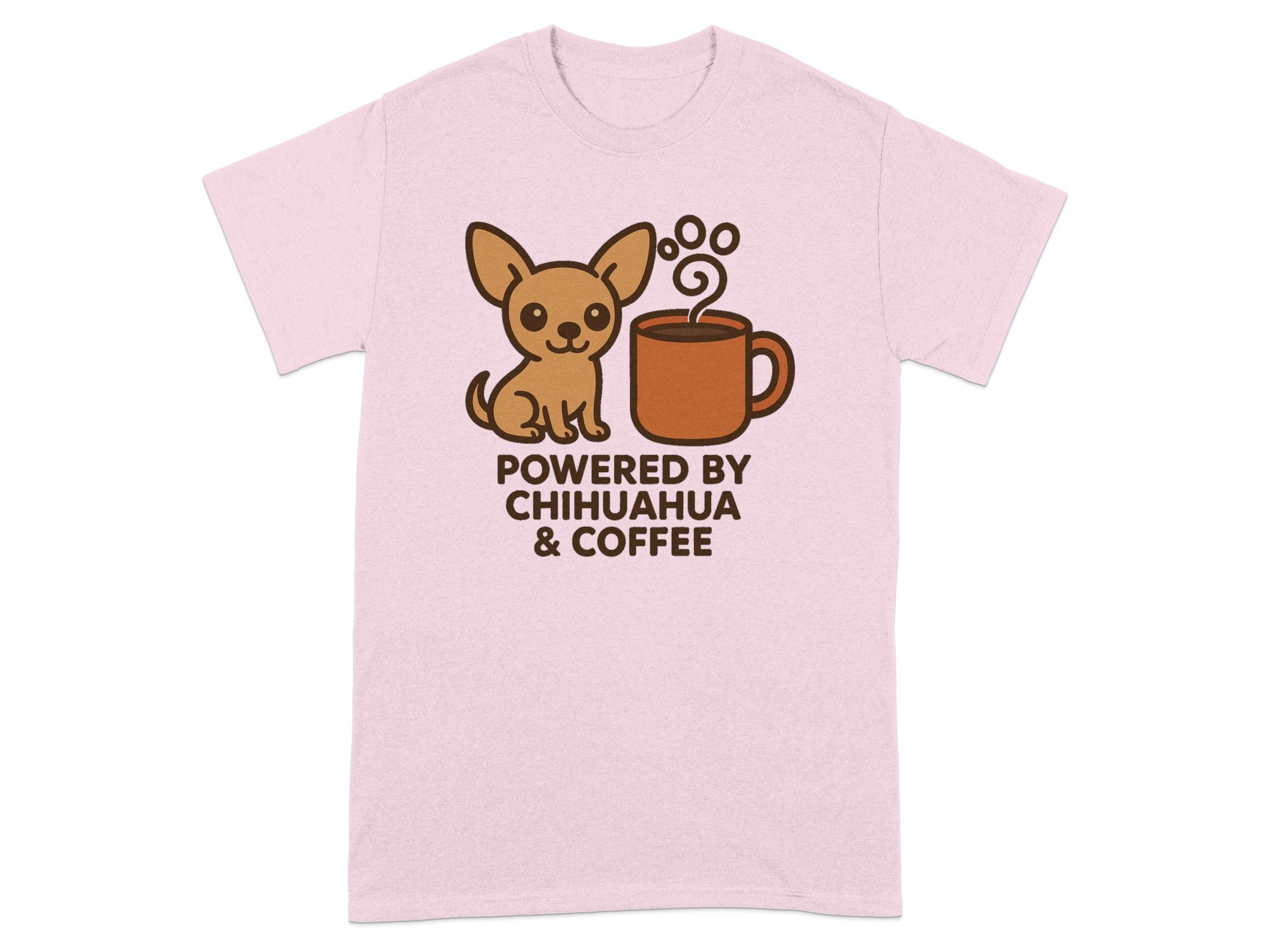 Pink t-shirt with a chihuahua and coffee cup graphic and text.