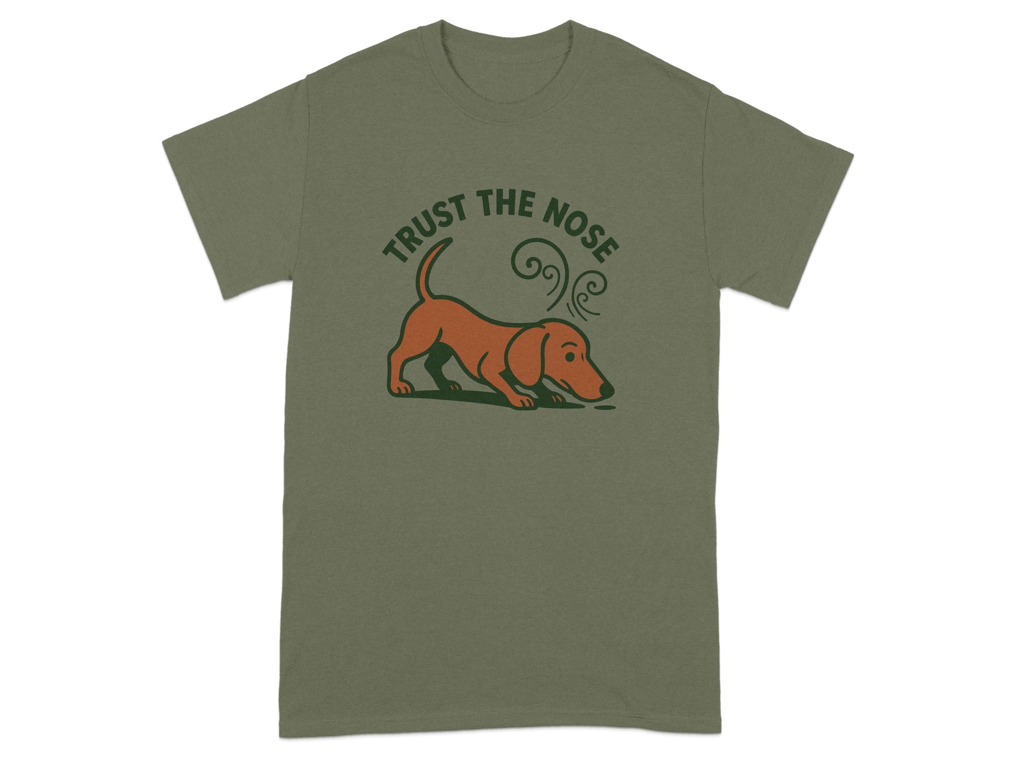 Brown dachshund sniffing ground with text "TRUST THE NOSE" above