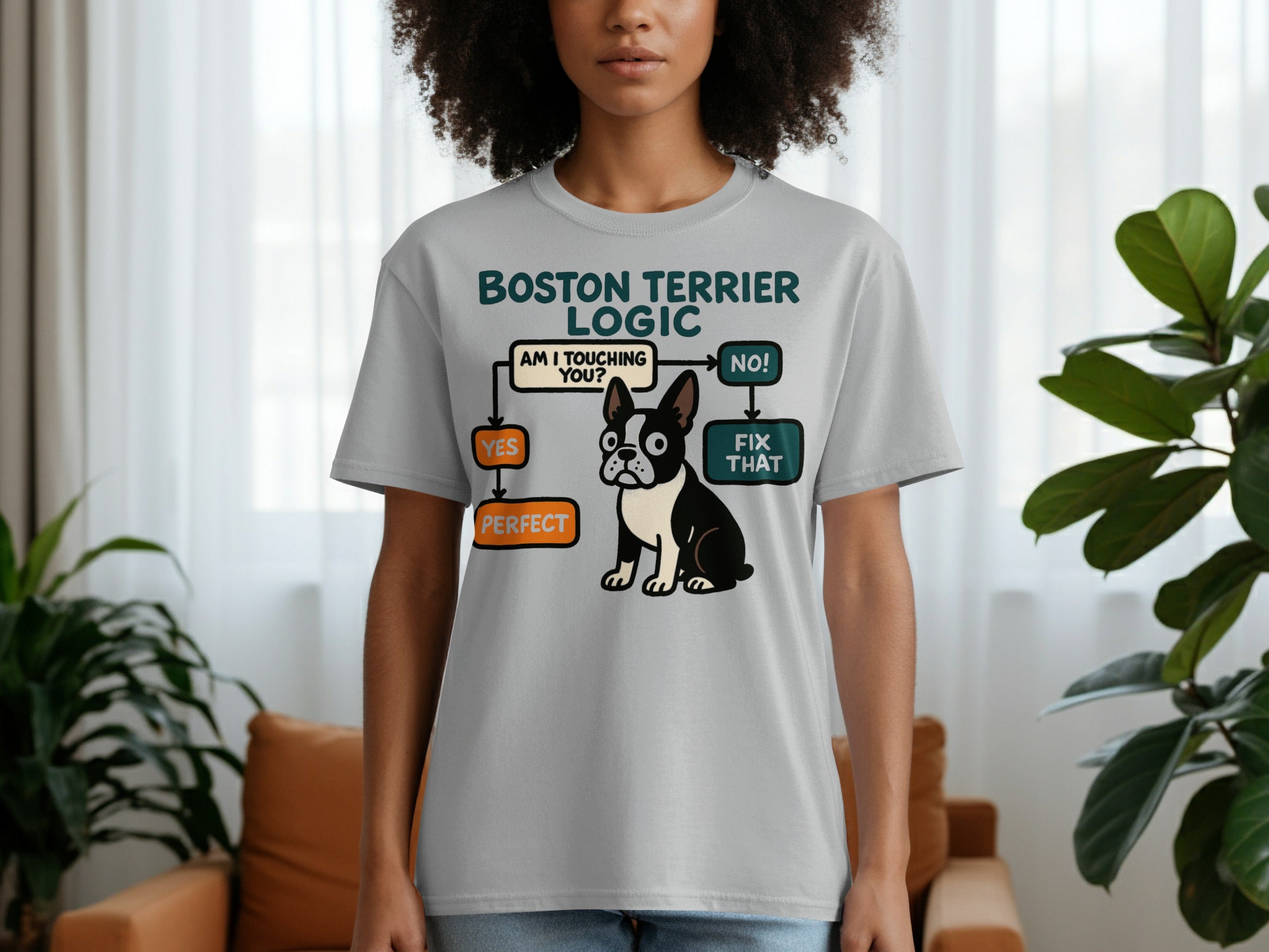 Boston Terrier logic chart with dog illustration on a light gray t-shirt.