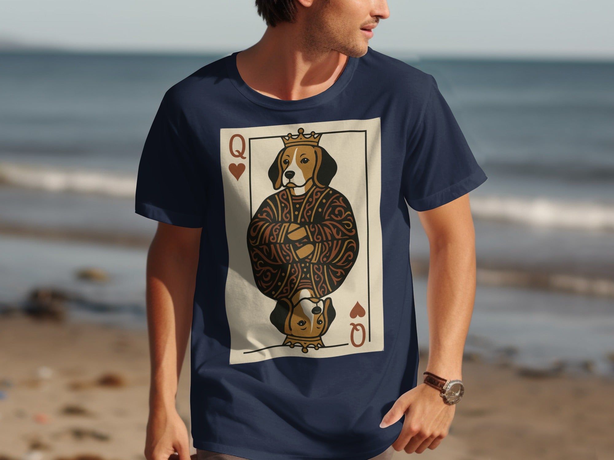 Navy t-shirt with a Queen of Hearts playing card featuring a dog wearing a crown.