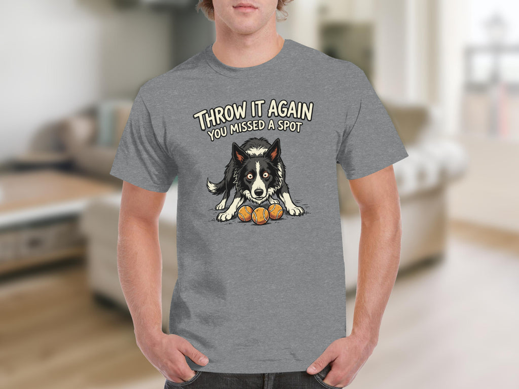 Border collie with two tennis balls and text "THROW IT AGAIN YOU MISSED A SPOT".
