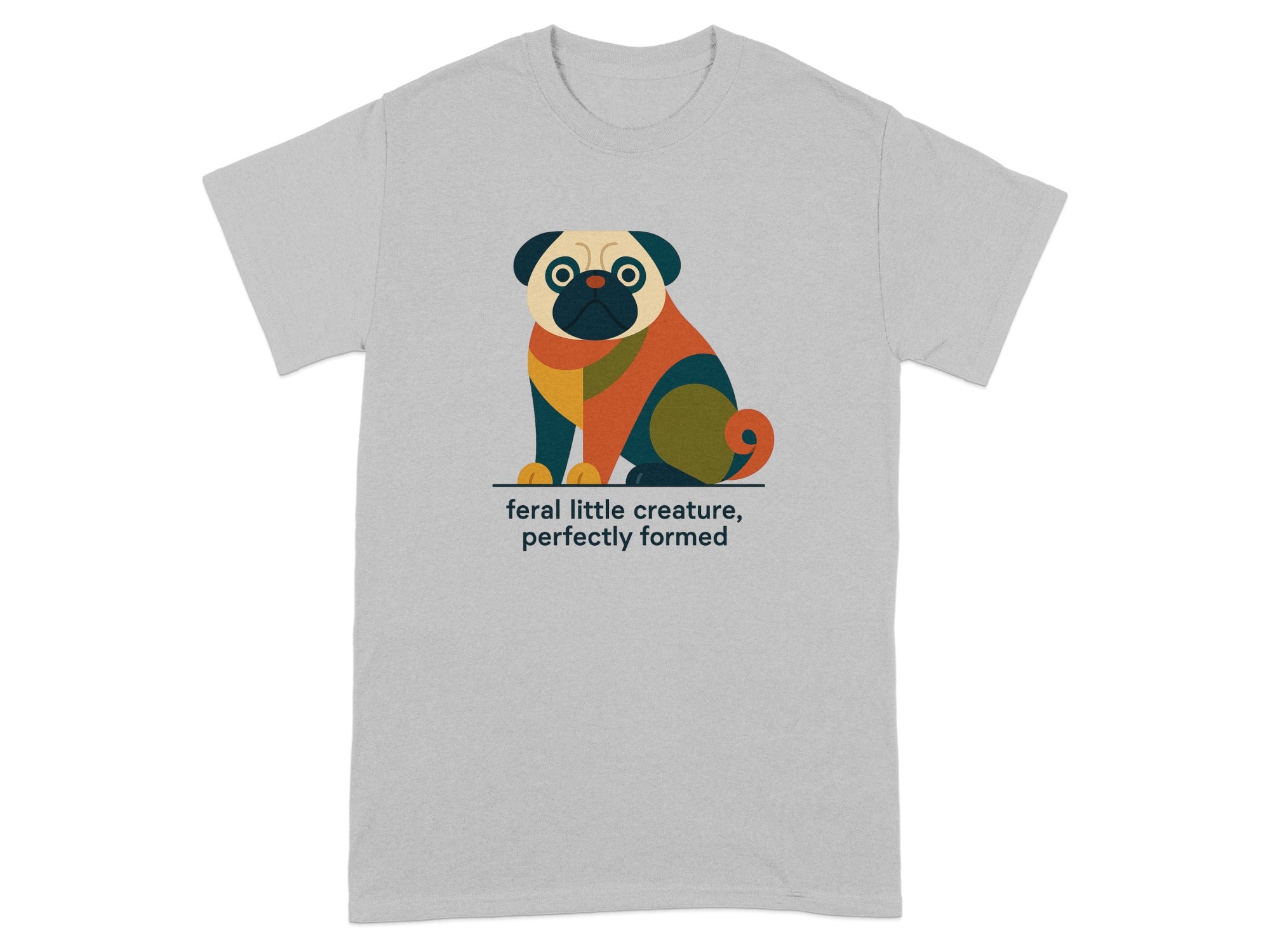 Grey t-shirt with a colorful geometric pug illustration and text.