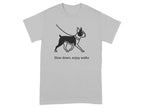 Grey shirt with black outline Boston Terrier walking on leash with text.