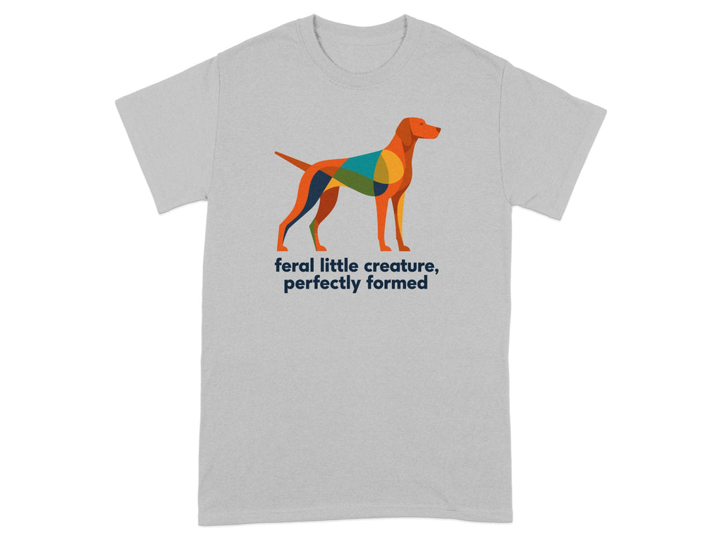 Gray t-shirt with a colorful geometric dog illustration and text.