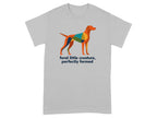 Gray t-shirt with a colorful geometric dog illustration and text.