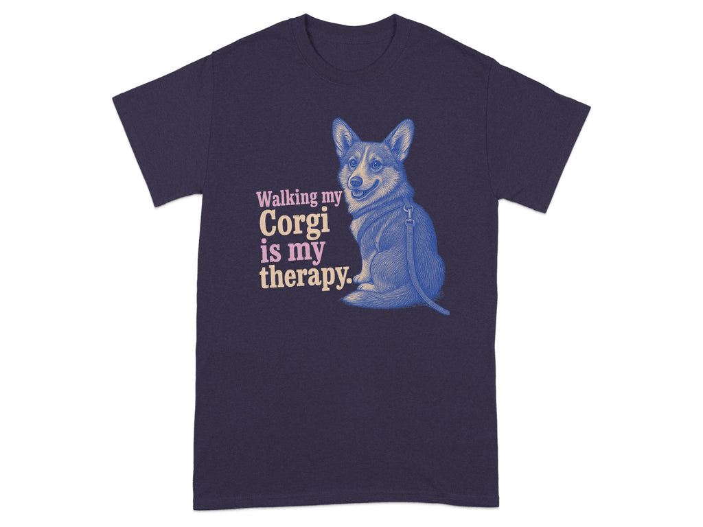 T-shirt with "Walking my Corgi is my therapy" text and a corgi illustration.