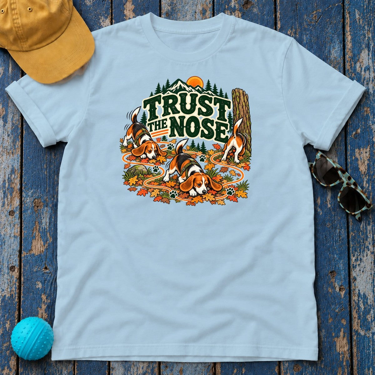 Trust the Nose Beagle Trail T-Shirt in Light Blue - flat lay