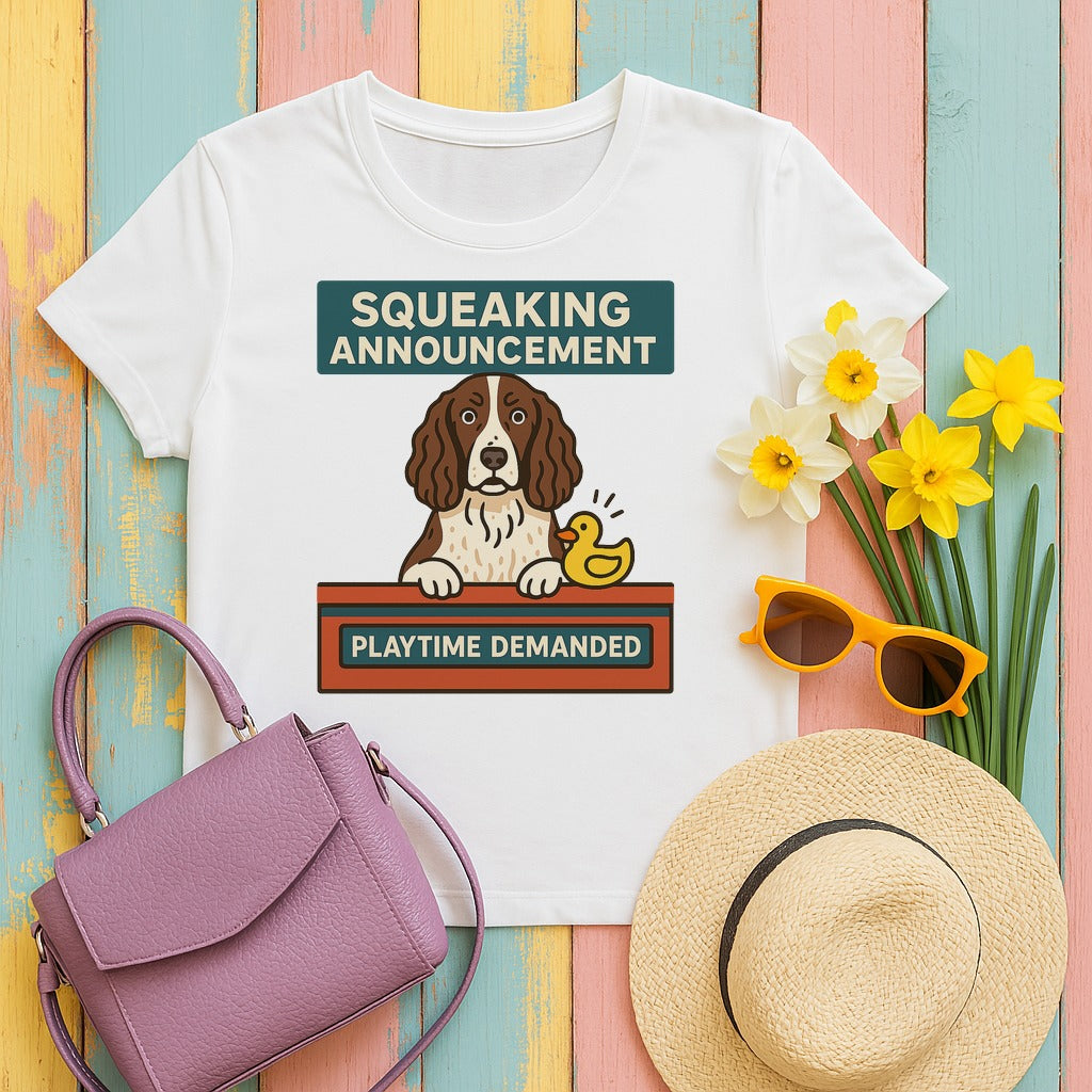 english springer spaniel breaking-squeaks tee flat lay hero