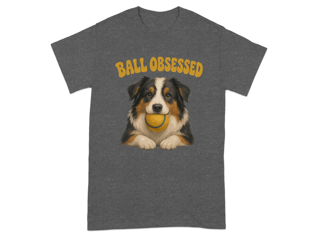 T-shirt with a painted Australian Shepherd holding a tennis ball.