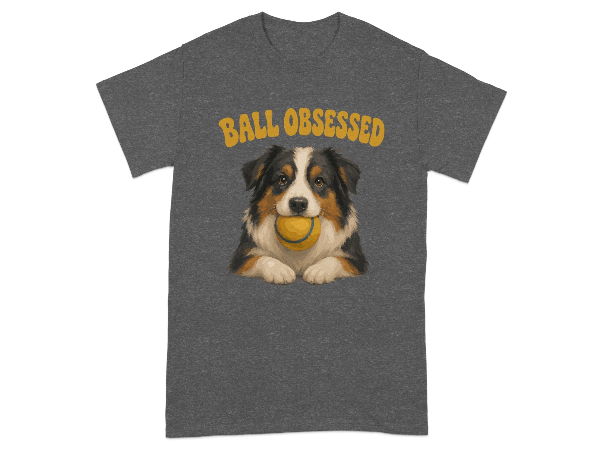 T-shirt with a painted Australian Shepherd holding a tennis ball.