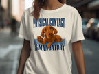 Cream t-shirt with a dog and text "PHYSICAL CONTACT IS MANDATORY".