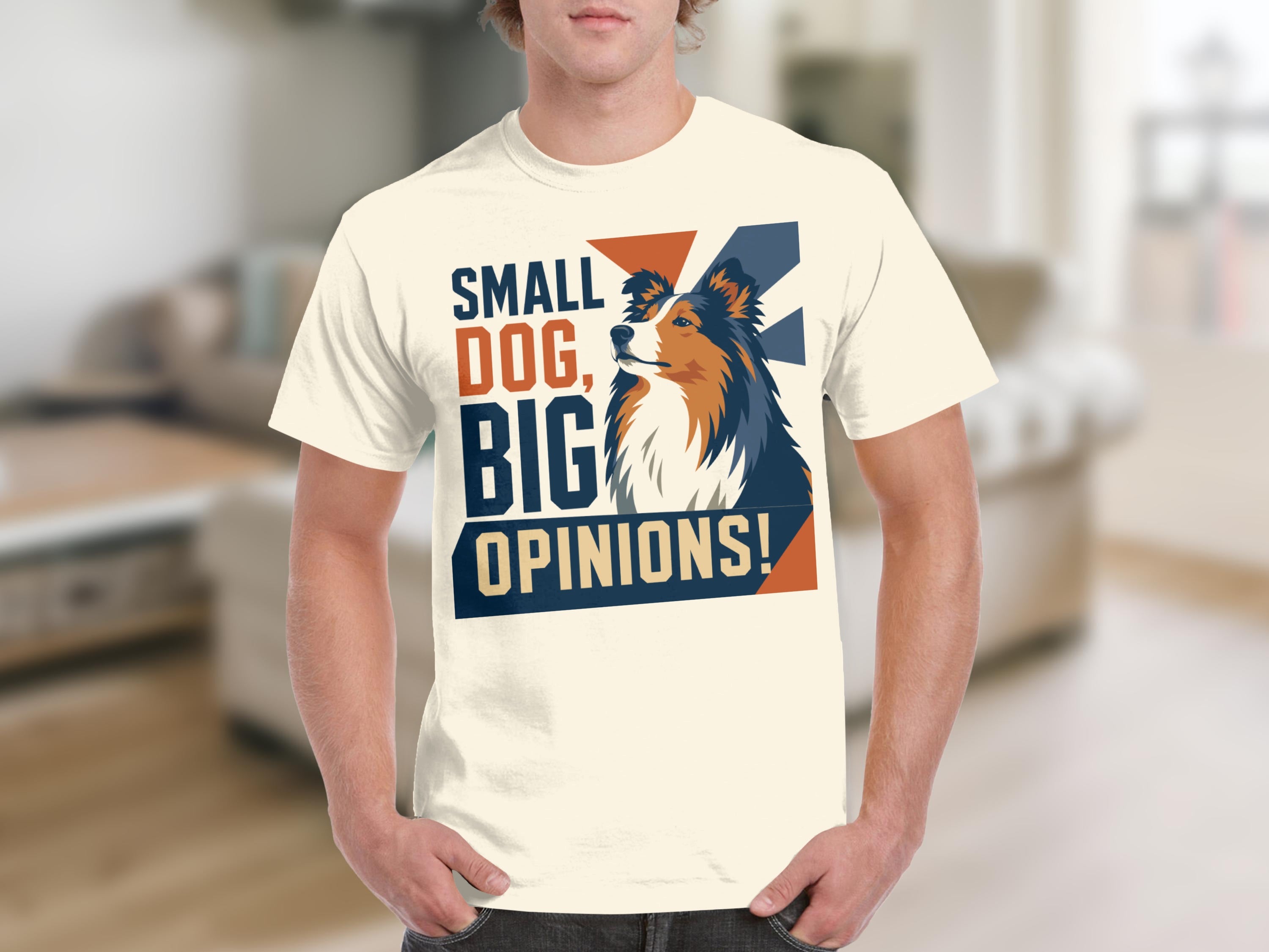 Cream t-shirt with "SMALL DOG, BIG OPINIONS!" and dog illustration.