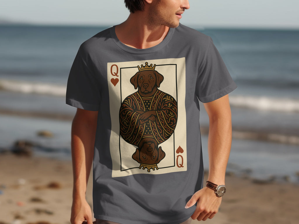 A dark brown dog wearing a crown and ornate robe is depicted on a queen of hearts playing card.