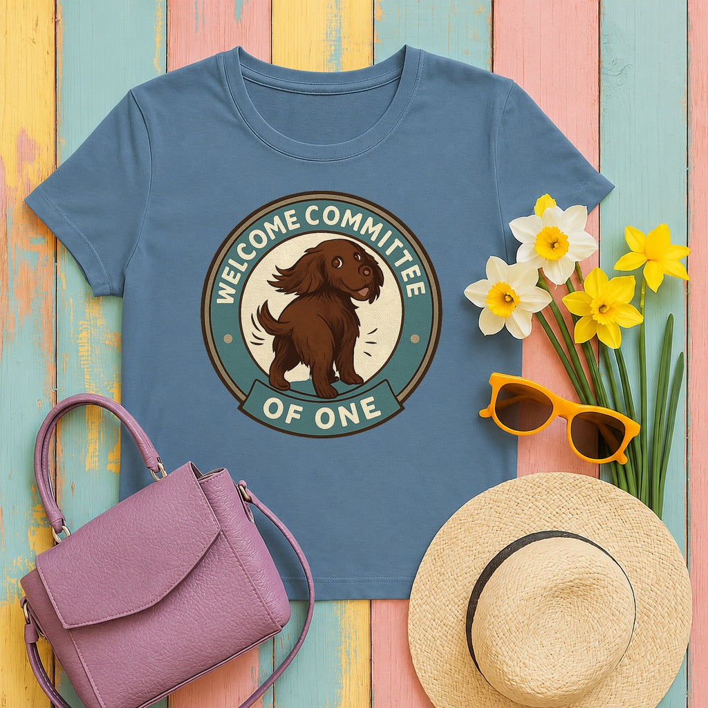 Boykin Spaniel Welcome Committee of One T-shirt in Steel Blue