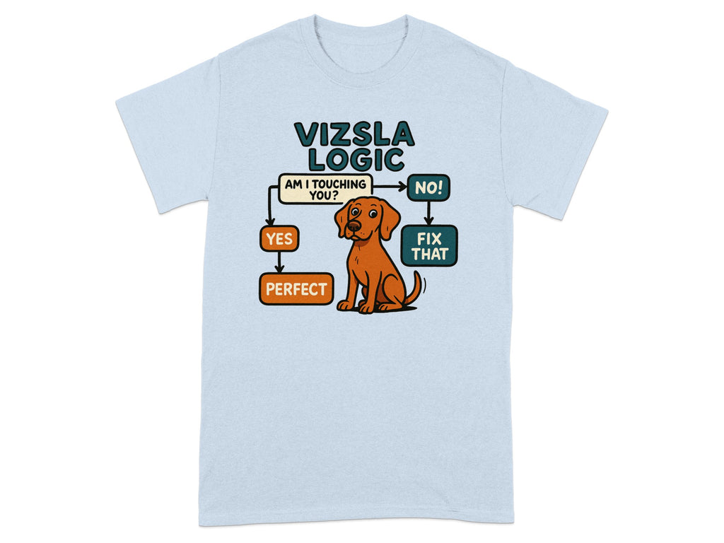 Vizsla logic flowchart with cartoon Vizsla, "Am I touching you?" and "Perfect."