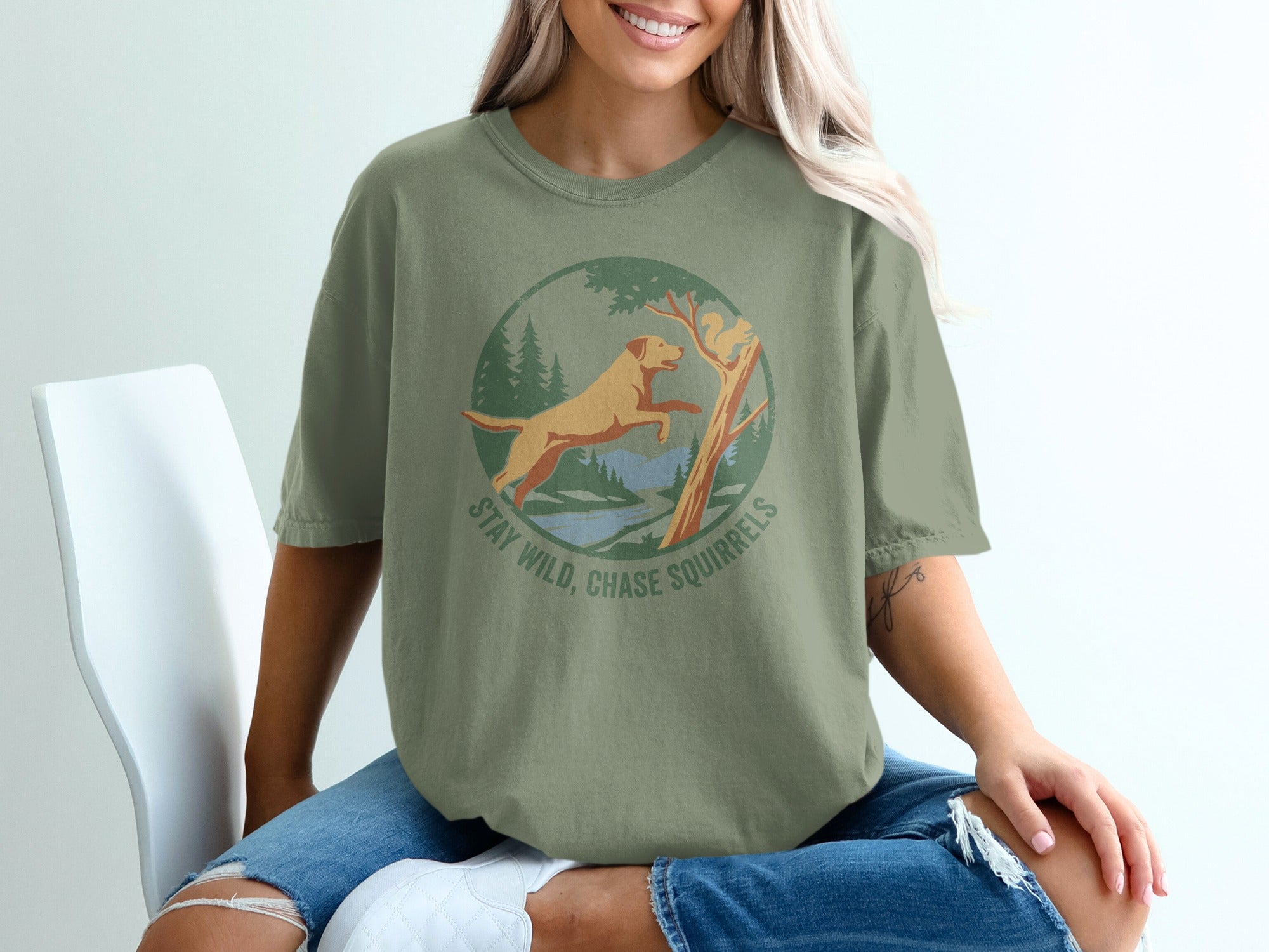 Stay Wild Chase Squirrels Dog Themed Graphic T-Shirt