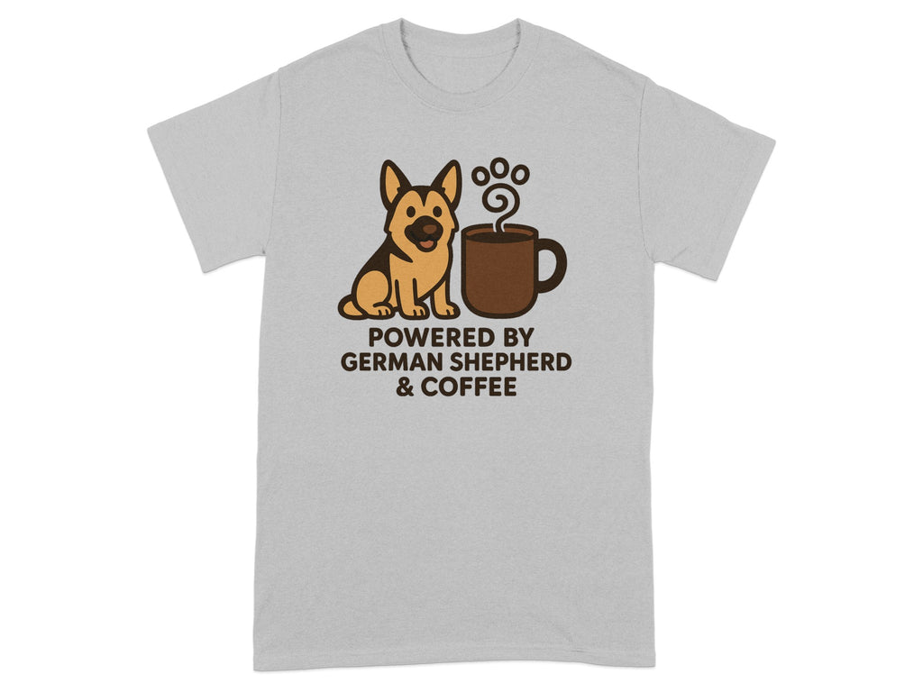 German Shepherd and coffee graphic with text "POWERED BY GERMAN SHEPHERD & COFFEE".