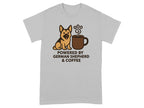 German Shepherd and coffee graphic with text "POWERED BY GERMAN SHEPHERD & COFFEE".